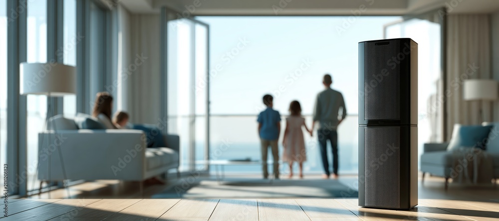 Fototapeta premium Modern climate device in bright living room with open windows and family in background