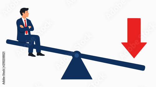 Businessman on Imbalanced Seesaw with Bold Red Downward Arrow Illustrating Financial Crisis, Market Collapse, Business Decline, Economic Downturn, and Investment Loss Management