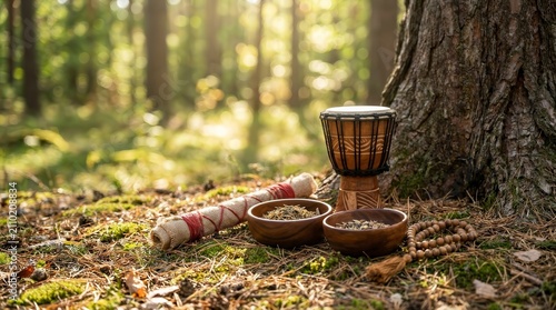 Shamanic accessories including a wooden drum and dried herbs near a tree in the forest.