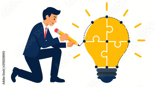 Businessman connecting puzzle pieces on glowing lightbulb with pencil, representing innovation, problem-solving, strategic thinking, creative solutions, and entrepreneurial ideas in bold flat design