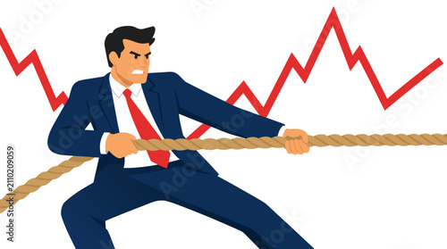 Stressed businessman gripping and pulling thick battle rope while stock market graph line zigzags in the background, illustrating financial struggle, economic pressure, and business challenges