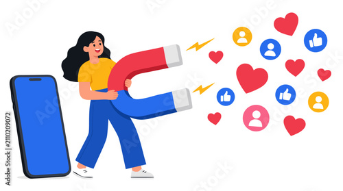 Dynamic young female influencer empowered with magnetic force attracting social media hearts likes thumbs up and follower icons in modern digital engagement concept illustration