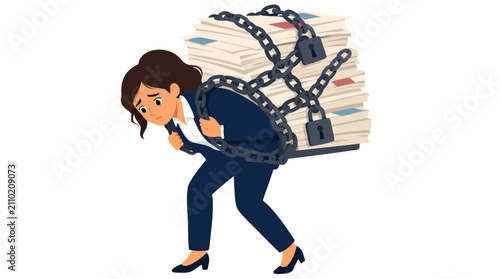 Businesswoman Overwhelmed: Weighed Down by Chains and Padlocks on Stack of Overdue Paperwork, Professional Woman Struggling with Corporate Pressure, Financial Burden, and Workplace Stress