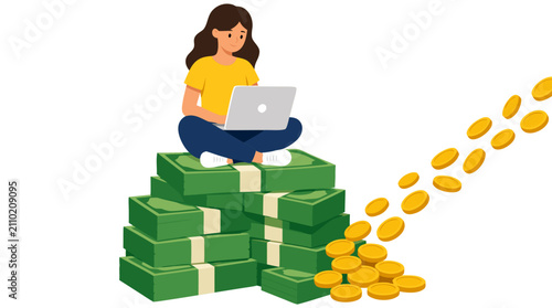 Successful young businesswoman freelancer earning substantial income sitting on massive piles of green banknotes working on laptop computer with flowing gold coins cascade digital wealth