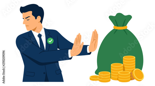 Professional businessman with integrity: Decisively pushing away green money sack filled with gold coins, symbolizing refusal of corruption, bribery, and unethical wealth in corporate business world