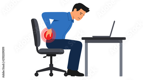 Businessman suffering from acute lower back pain while working at desk - flat vector illustration showing occupational health concerns, lumbar strain, and workplace injury with red pain zones