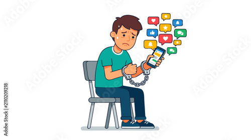 Stressed Young Adult Enslaved by Smartphone Notifications - Digital Addiction Concept Illustration with Chain and Phone, Social Media Overload, Mental Health Anxiety and Digital Dependency