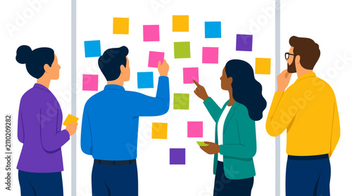 Multicultural team of business professionals brainstorming innovative solutions, placing vibrant sticky notes on glass wall during collaborative creative meeting for strategic planning and ideation
