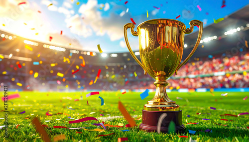 Goldener Pokal auf Rasen im Fußballstadion mit Konfetti nach Meisterschaftssieg