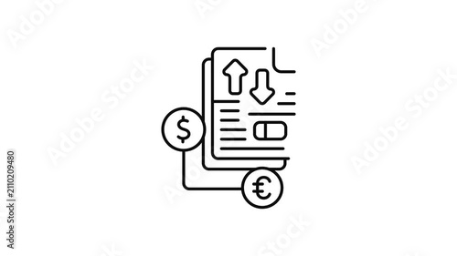Minimalist outline animation of currency exchange data report drawing on and fading out. Features a clean pop up style in 3 color setups.