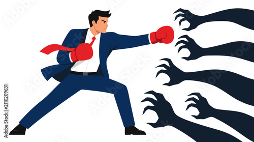 Confident businessman wearing red boxing gloves battling shadowy clawing hands in aggressive fighting stance, symbolizing business resilience, overcoming adversity and competitive corporate conflict