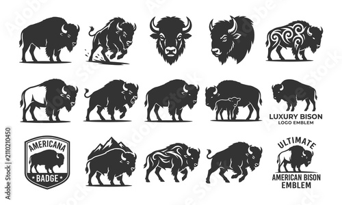 American Bison Buffalo Vector Silhouette Icons Set with Vintage Badge and Mountain Emblem