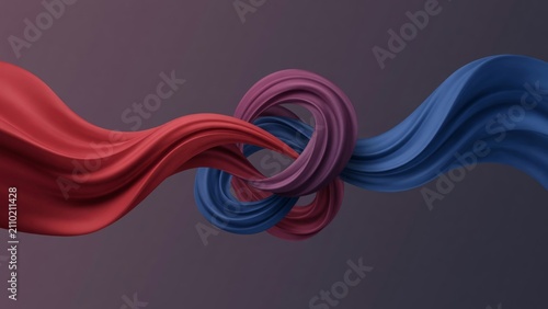 Waving red and blue fabric ribbons intertwining, creating knot shapes and flowing dynamics