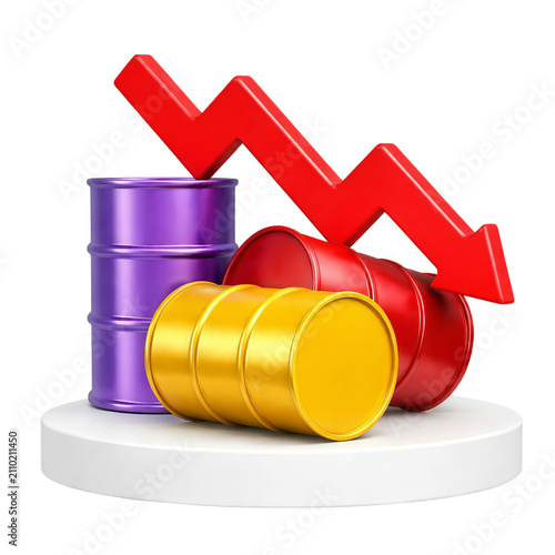 Colorful oil barrels with large red downward arrow on white platform symbolizing falling crude prices and declining global energy market trends