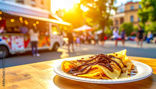 Süßer Crêpe mit Schokoladensoße auf Pappteller vor Foodtruck bei Sonnenschein