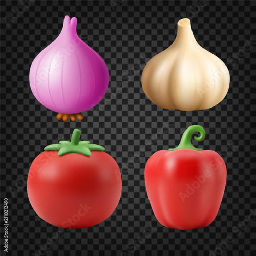 3D Vegetables Set, Common Vegetable Ingredients, Onion Garlic Tomato Bell Pepper, Vector Illustration