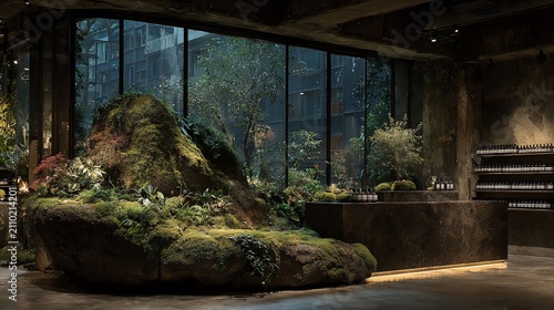 Striking interior design featuring a moss-covered rock formation in a retail space highlighting