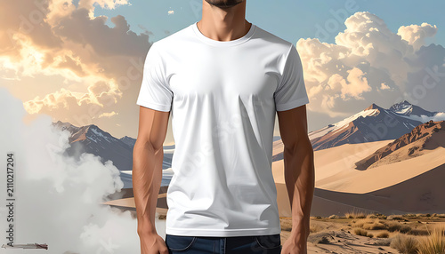Man wearing a plain white t-shirt, front view, against a scenic mountain landscape background