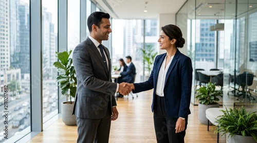 Two Indian business professionals shaking hands in a modern corporate office.