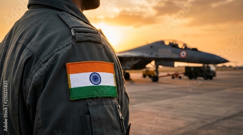 Indian Air Force pilot in a flight suit featuring an Indian flag patch.