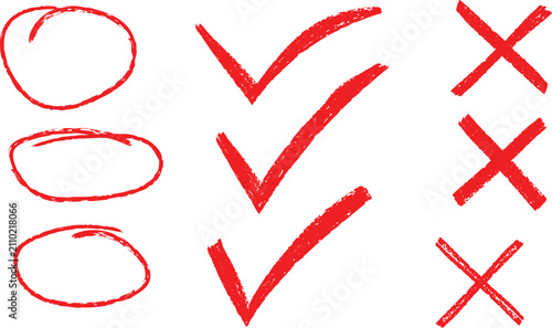 Bild auf Leinwand Set of hand drawn red ink circles, check marks, and cross marks isolated on a wh