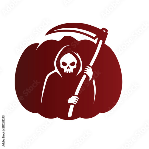 фотографія Spooky dark red Halloween pumpkin silhouette featuring a scary grim reaper holdi