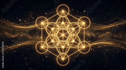 Metatron's Cube spiritual symbol glowing in golden light against a dark cosmic background.