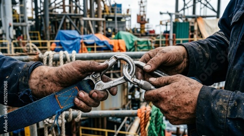 Male industrial worker securing safety harness on an offshore oil rig.