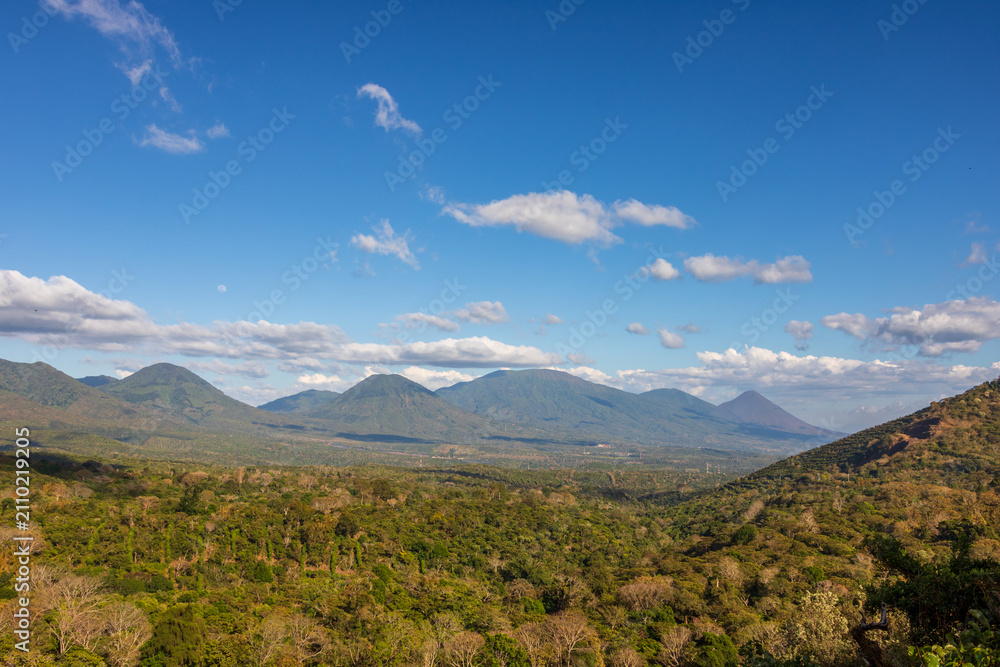 Fototapeta premium Panoramic view of Cerro Verde National Park in El Salvador surrounded by scenic volcanoes and tropical forest