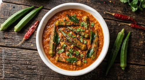 Spicy South Indian Bhindi Masala featuring okra curry with red chilies and curry leaves.
