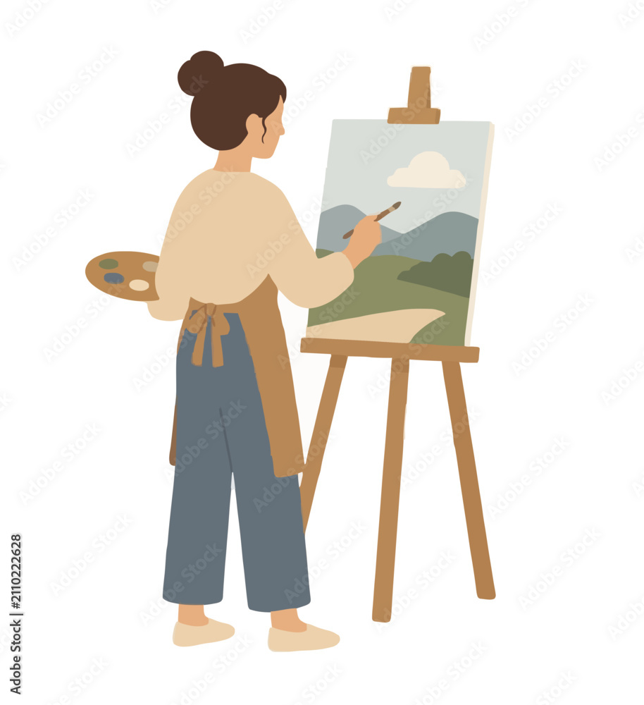 Fototapeta premium A female artist painting a landscape on an easel with a brush and palette in a flat vector illustration style featuring mountains and green hills