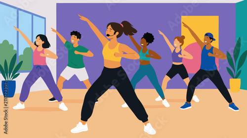 Energetic fitness instructor leading diverse group in upbeat dance workout class inside modern studio, vibrant vector illustration of aerobic exercise, wellness lifestyle and communal fitness