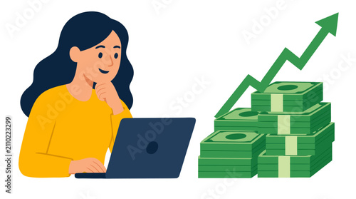 Successful female entrepreneur monitoring financial growth, digital investment gains displayed as upward trending arrow above stacked currency, bold flat illustration of business success and wealth