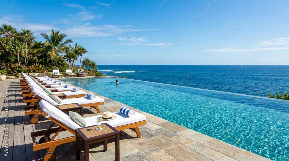 Fototapeta premium Luxury tropical resort terrace with infinity pool, ocean horizon, palm trees, and sun loungers, perfect for travel, spa, or vacation marketing.