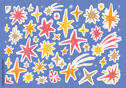 Paper cutout elements in star shape drawn with crayon and chalk pencil. Colorful stars, twinkles, blinks and sparks with scribble texture. Scrapbook elements. Vector illustration