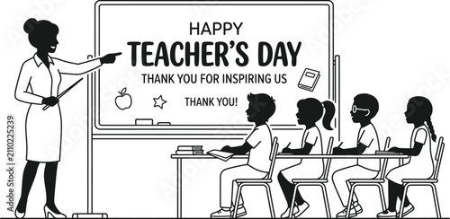 Black and white illustration of a teacher standing by a chalkboard with students sitting in a classroom