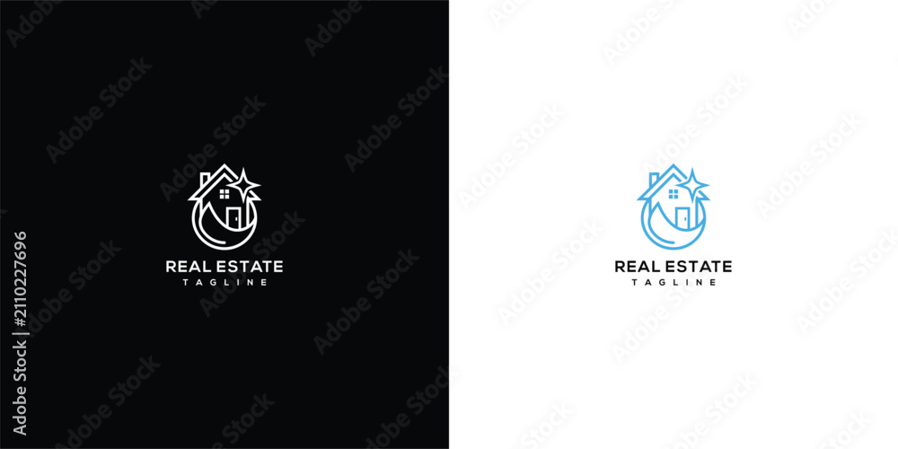 Fototapeta premium Modern Minimalist Line Art Real Estate Logo with House Crescent Moon and Star