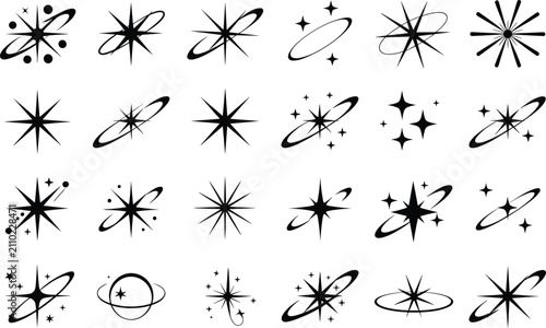 Set of isolated black vector icons of stars and celestial objects on white background