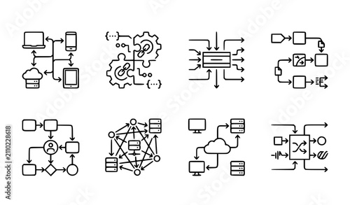 Quadro su tela System integration thin line icon set API middleware orchestration editable stro