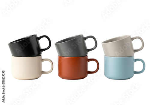 Set of six ceramic mugs in various colors stacked in pairs, isolated on transparent background