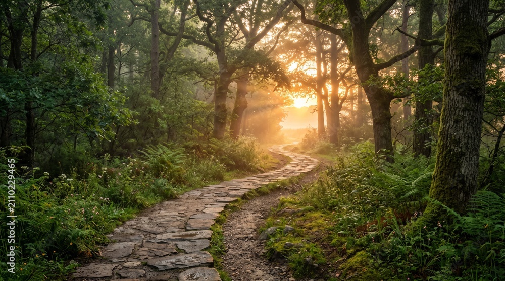 Fototapeta premium A Winding Stone Pathway Through an Ancient Forest at Sunrise