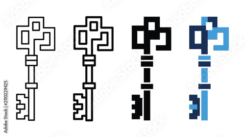 Pixel art skeleton key icon set with outline and solid variations