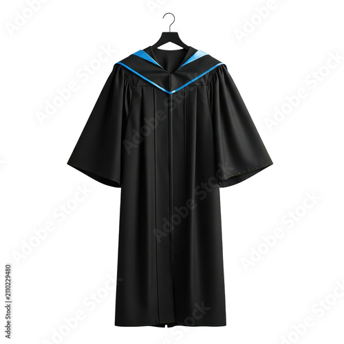 Black graduation gown with blue trim isolated on transparent background