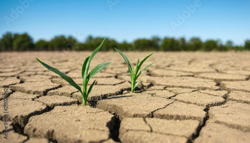 Extreme low-angle view of deeply cracked, parched earth in a drought-stricken field, with two small green corn stalks struggling to survive under a clear sky.