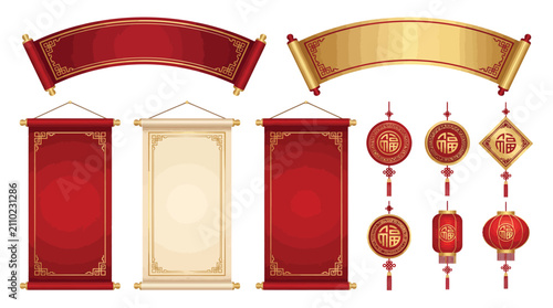 Collection of traditional chinese hanging scrolls and decorative lanterns featuring elegant gold and red designs