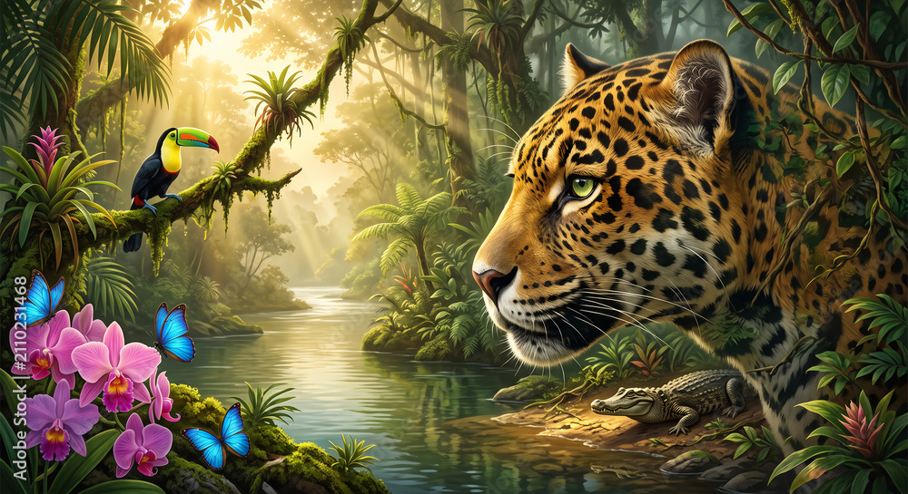 Obraz premium Amazon rainforest landscape with majestic jaguar toucan blue butterflies orchids and jungle river