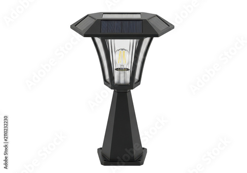 Modern outdoor solar led pillar light with a black metal frame and glass panels, designed for garden path or deck post illumination, isolated on transparent background