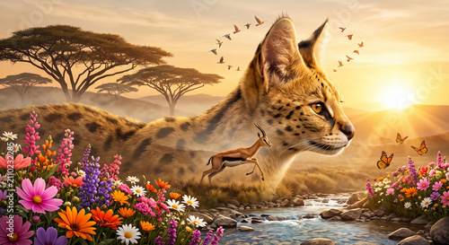 Surreal African savanna landscape with majestic wildcat blending into nature leaping antelope colorful flowers stream and golden sunrise