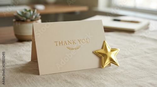 Minimal thank you card with gold star on linen table for place card, greeting, and event stationery design