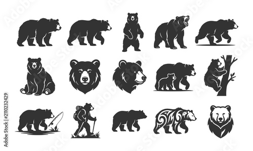 Grizzly Bear Silhouette Vector Icons Set with Hiking, Fishing, Cub, and Roaring Mascot Emblems